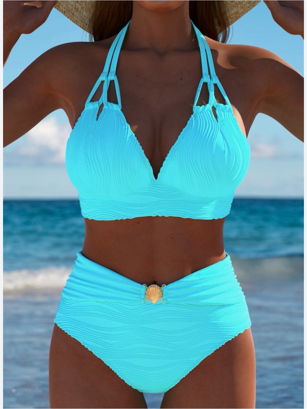 MODLILY®Mid Waisted Patchwork Cyan Bikini size Large